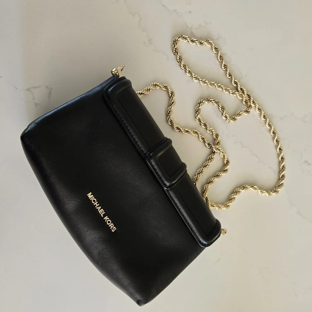Michael Kors Padlock Chain Crossbody Black Leather Gold Purse Bag